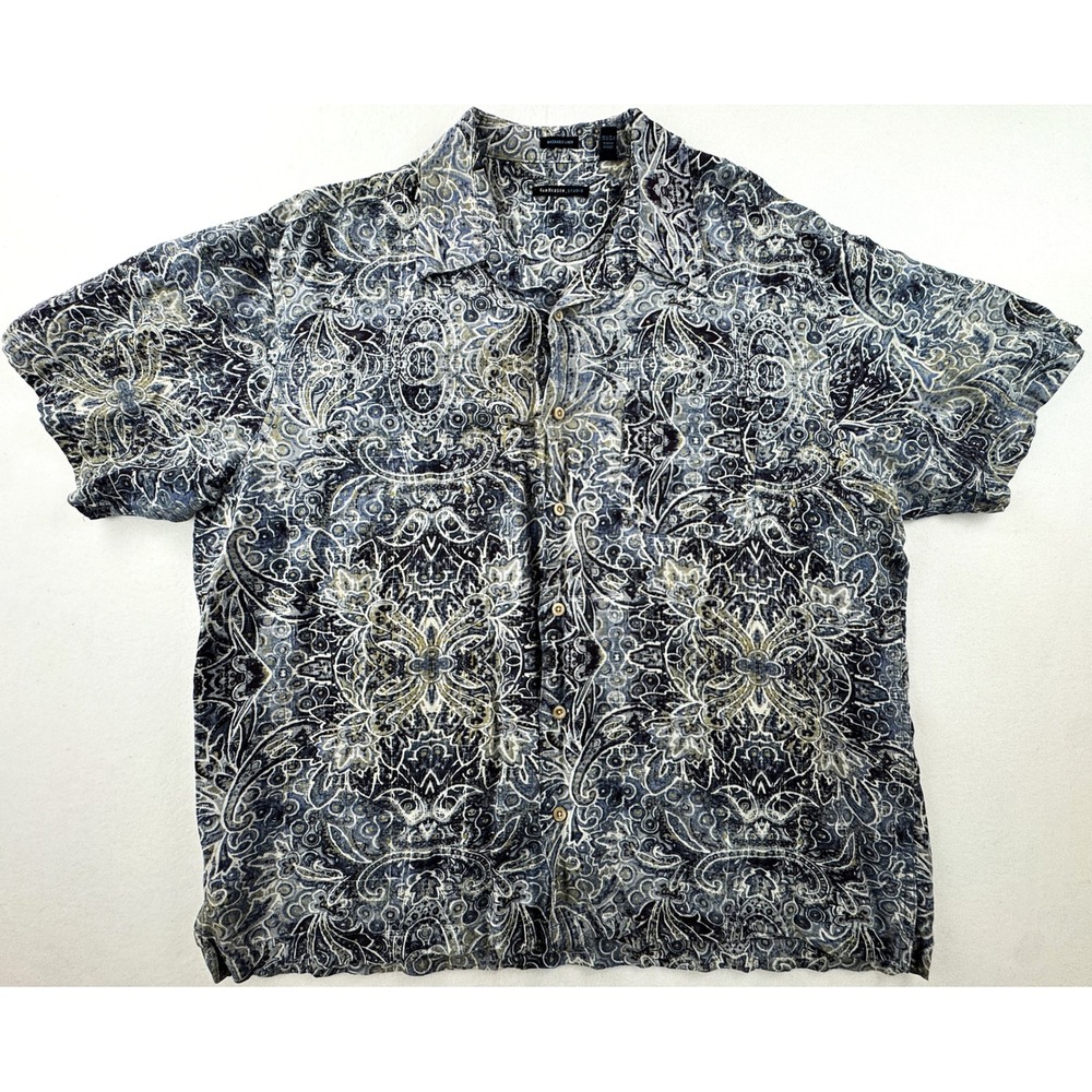 Van Heusen Studio Shirt Mens XL Blue Paisley Linen Blend Short Sleeve B88
